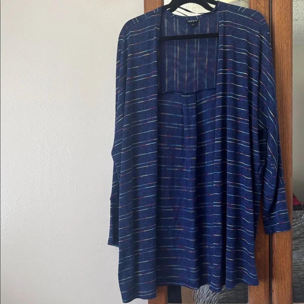 Torrid Rainbow Stripe Blue Heather Open Front Cardigan Duster 1 (1X / 14-16)